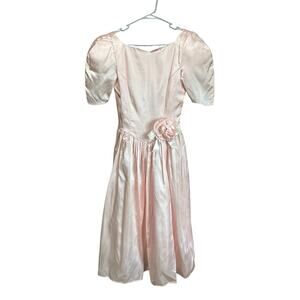 Vintage 80's Gunne Sax Pink Satin Puff Sleeve Rose Prom Party Dress size 3/4